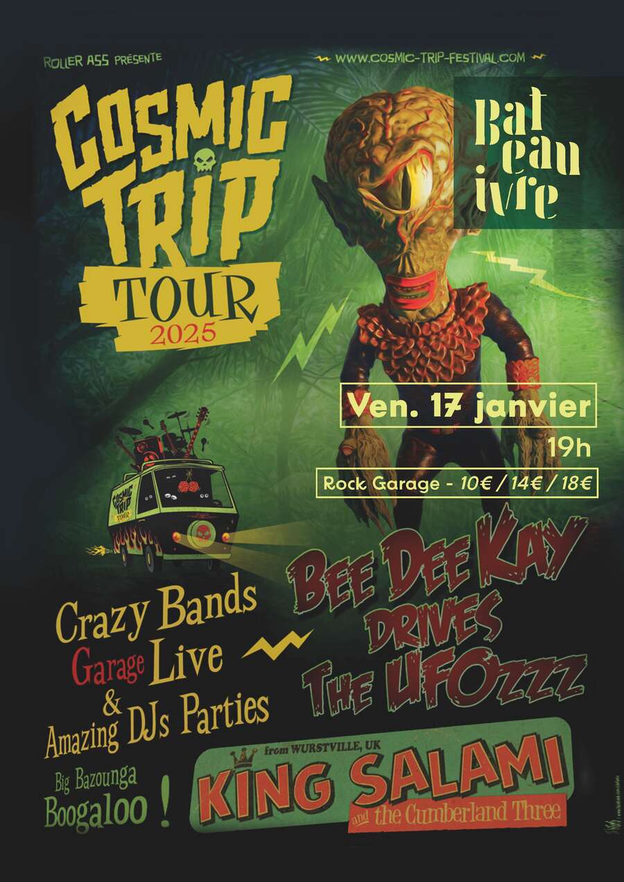 Illustration COSMIC TRIP TOUR 2025 KING SALAMI AND THE CUMBERLAND THREE/ BEE DEE KAY DRIVES THE UFOZZZ