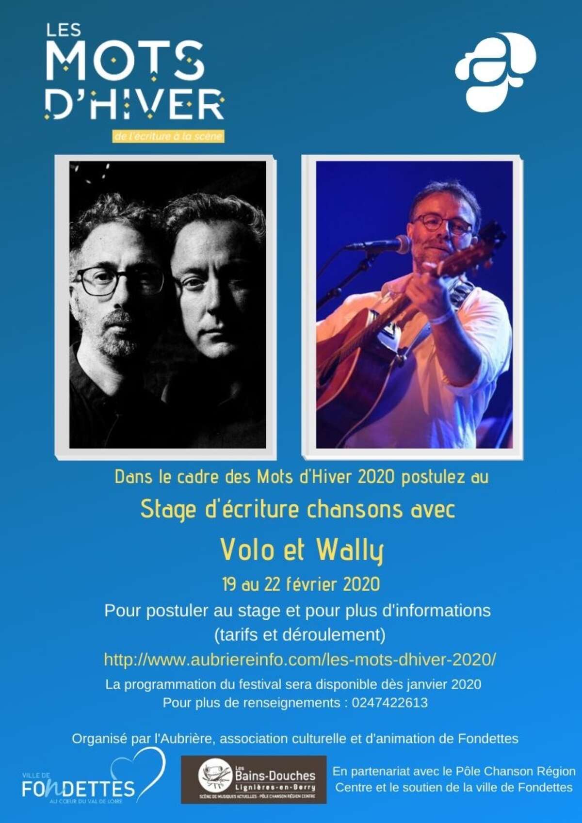 Photo de l'événement Stage d'écriture de chansons avec les Volo et Wally à L'Aubrière, Association Culturelle et d'Animation de la ville de Fondettes