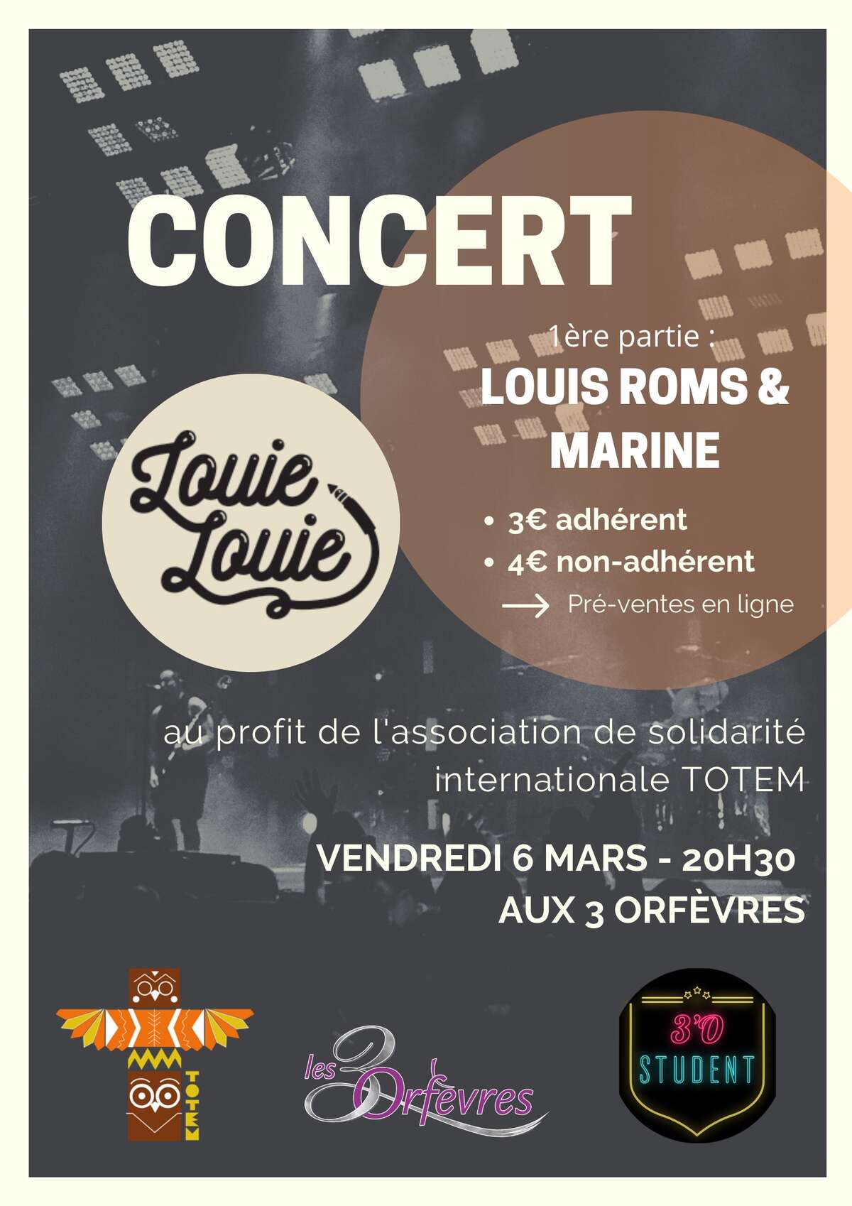 Photo de l'événement Concert au profit de l’asso Totem avec Louie  Louie à Les 3 Orfèvres